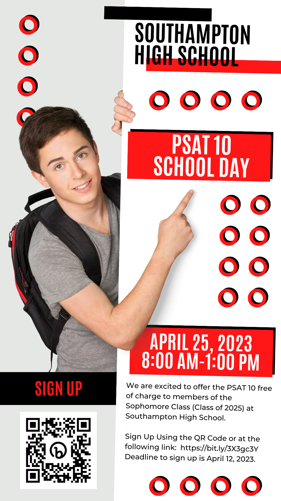  PSAT 10 School Day on 4/25 from 8:00 AM- 1:00 PM; Signups due by 4/12